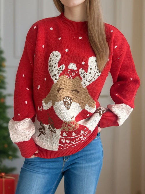 Damen-Pullover mit Mock Neck, festliches Rentier-Motiv, nachhaltiger Stoff-1