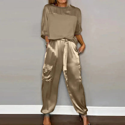 Damen-Loungewear-Set, elegantes zweiteiliges Set aus Satin mit lässiger Passform-1