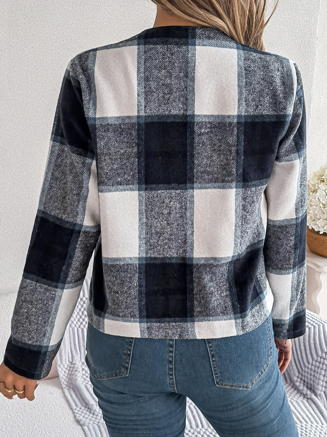 Damen-Jacke, Karo, offene Front, nachhaltige Stoffmischung-2