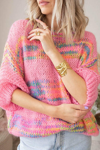 Damen-Strickpullover, bunte Streifen, 3/4-Ärmel, lockere Passform-2