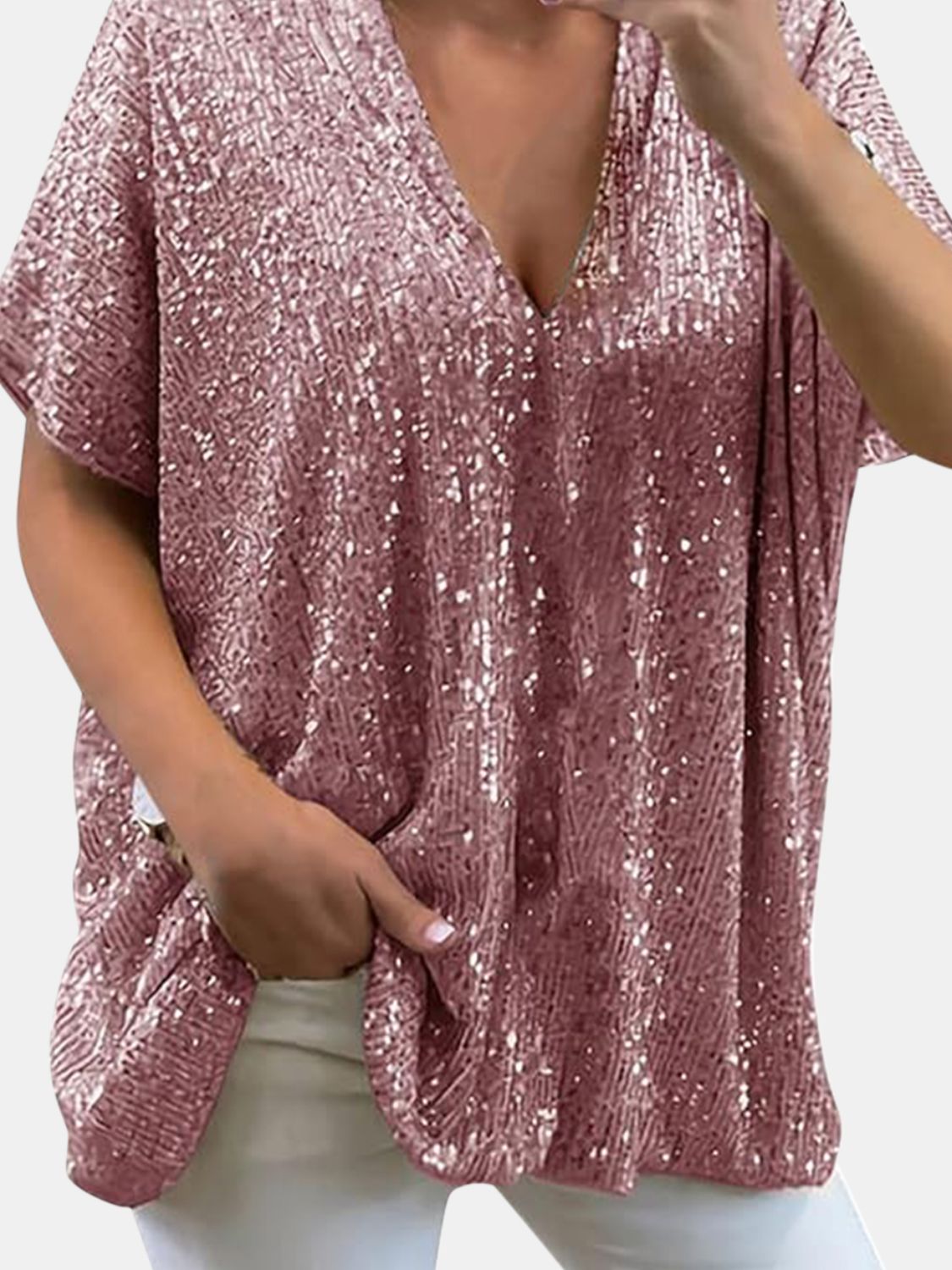 Damen-kurzärmelige Bluse, V-Ausschnitt, mit Pailletten, aus Polyester-3