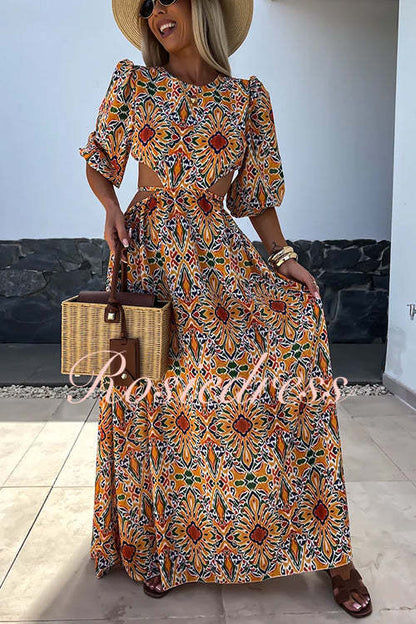 Maxikleid Damen Puffärmel Rückenfrei Bedruckt Baumwolle Polyester-2