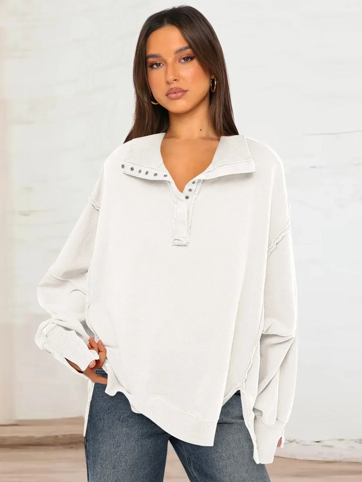 Variantenbild für Damen-Sweatshirt, dicker Pullover mit Knöpfen, 100% Baumwolle-9