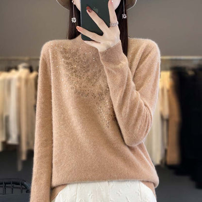 Variant image for Damen-Strickpullover, mit Blattmuster aus Baumwolle und Acryl, halbhocher Ausschnitt, lange Ärmel-16