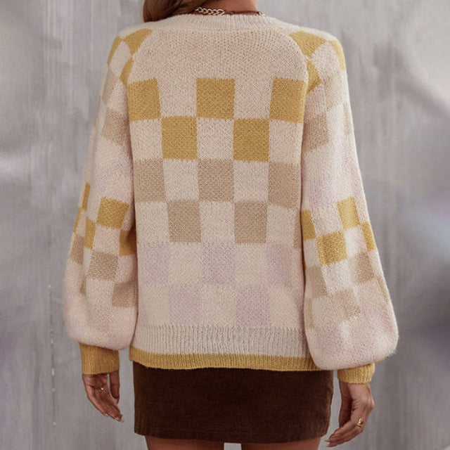 Damen-Pullover, karierter V-Ausschnitt, Baumwolle, Kontrastfarbe-4