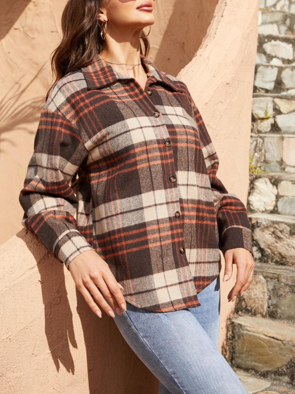 Damen-karierte Hemdjacke, weiche stofflose Passform-3