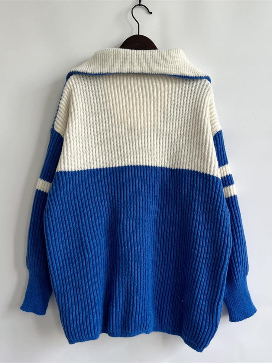 Damen-Half-Zip-Strickpullover, zweifarbig, rippstrick, weiches Material-2