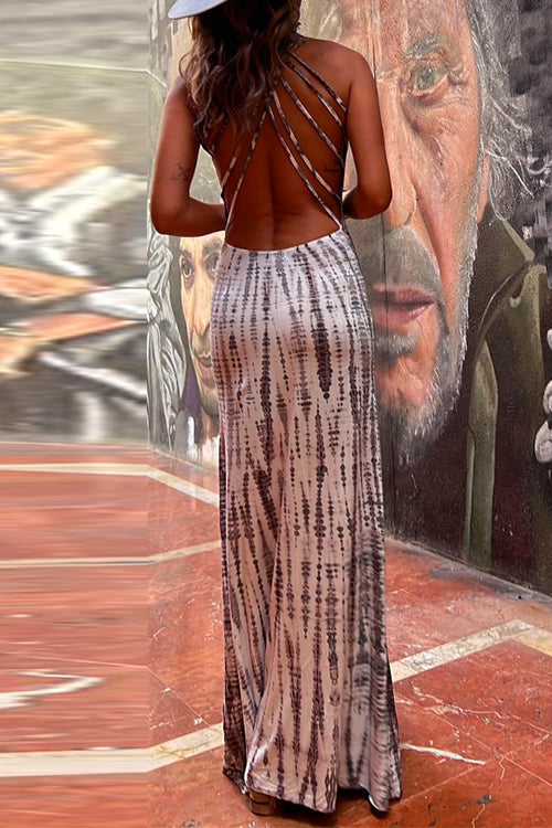 Langes Kleid Damen Offener Rücken Criss Cross Baumwolle Polyester Maxikleid-2