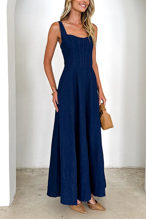 Maxikleid Damen Ärmellos Schwingender Denim-5