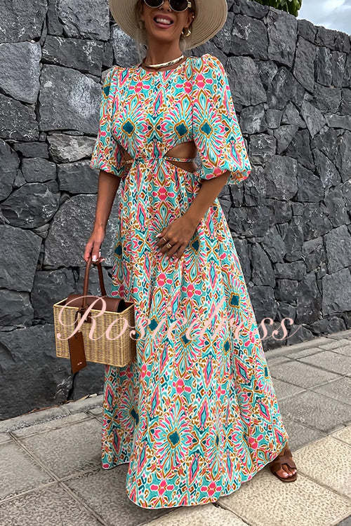Maxikleid Damen Puffärmel Rückenfrei Bedruckt Baumwolle Polyester-4