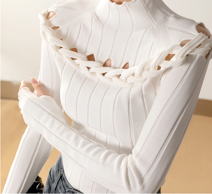 Damenbluse mit Stehkragen und geflochtenem Detail in gemischtem Stoff 2