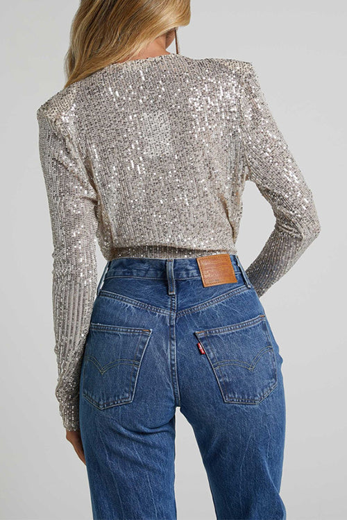 Damen-Bodysuit tiefer V-Ausschnitt Langarm glitzernde Pailletten-3