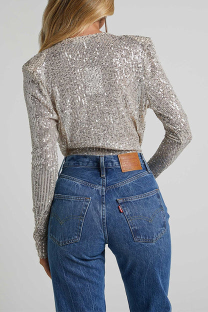 Damen-Bodysuit tiefer V-Ausschnitt Langarm glitzernde Pailletten-3
