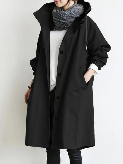 Langer Trenchcoat Damen mit Kapuze und Verstellbar Kordelzug aus hochwertigem Polyester-5
