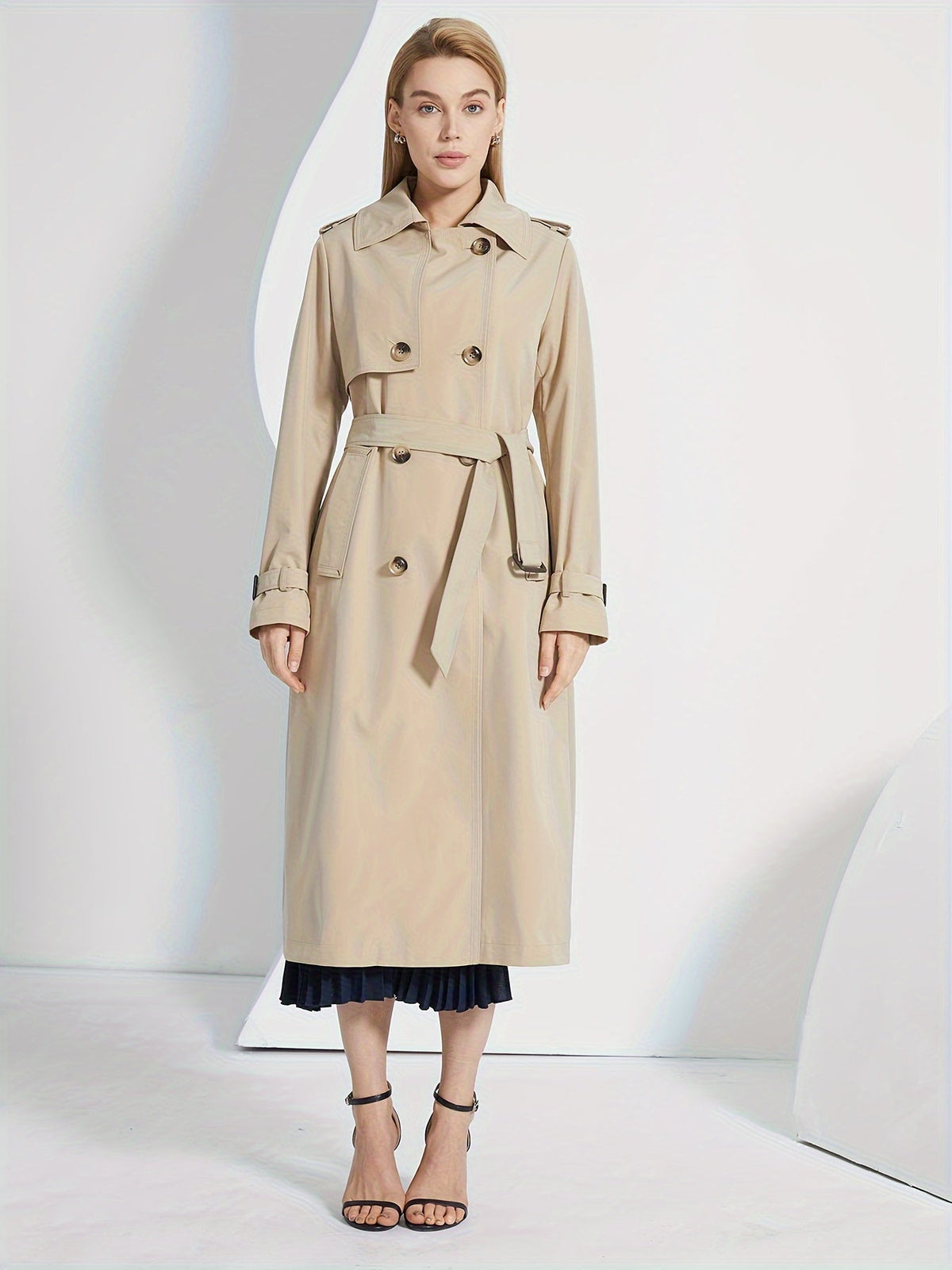 Damen-Trenchcoat mit langen Ärmeln, monochrom, Polyester-5