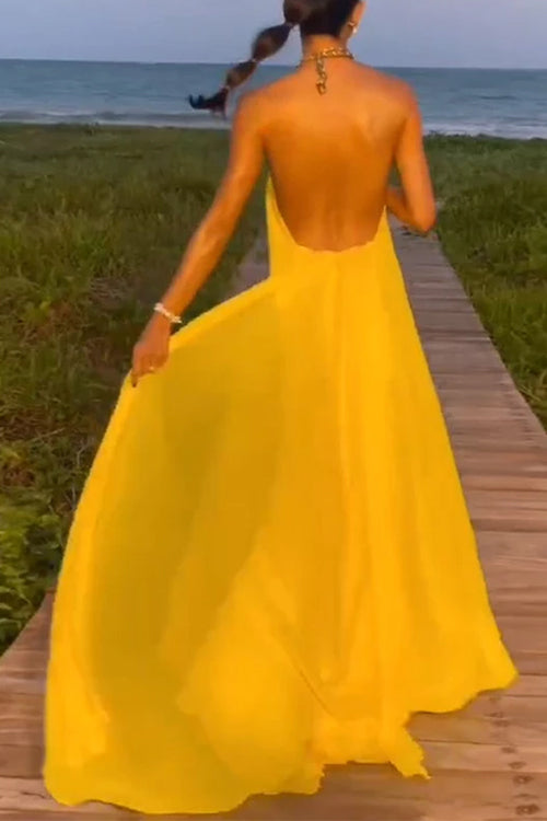 Maxikleid Damen Offener Rücken Kettenträger Baumwolle Polyester-4