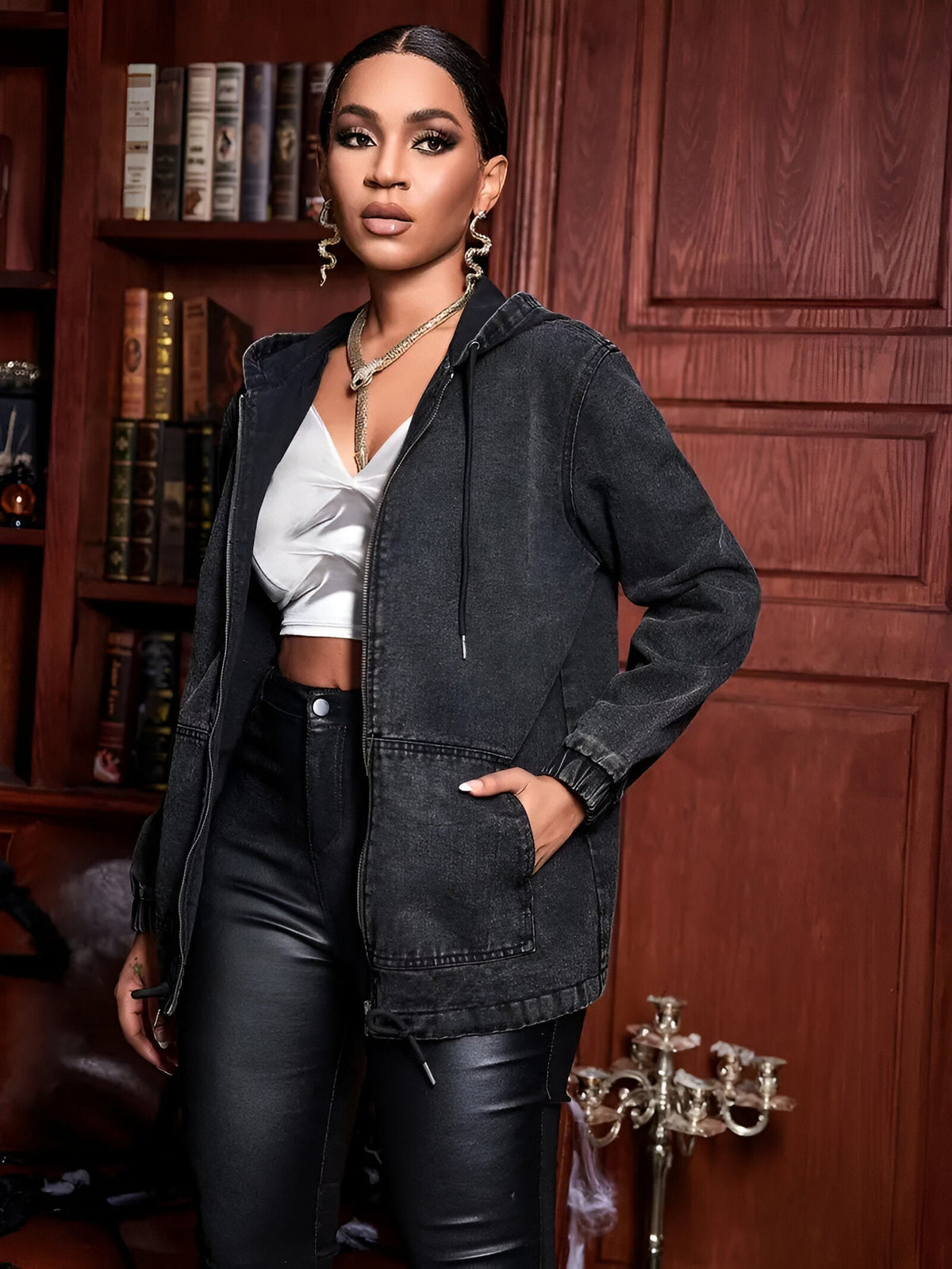 Damen-Jeansjacke, mit Kapuze und lange Ärmel, aus lässigen Stil 1