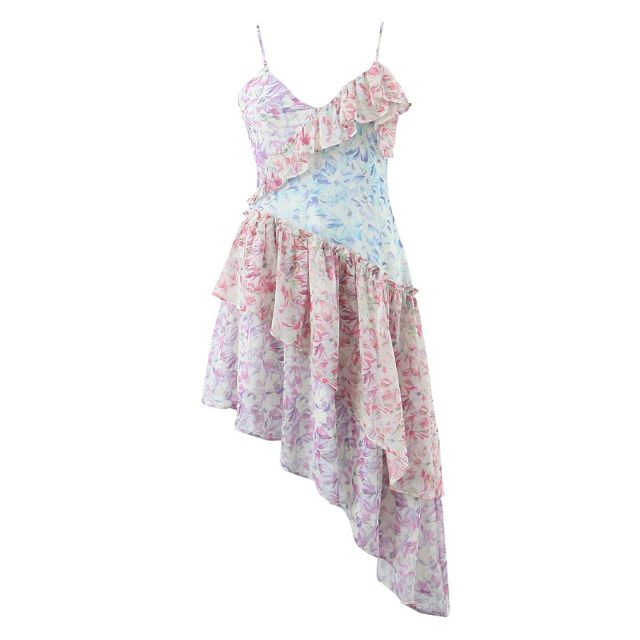 Damen-Midi-Kleid, asymmetrisch Volant, Polyester, Blumenmuster 4