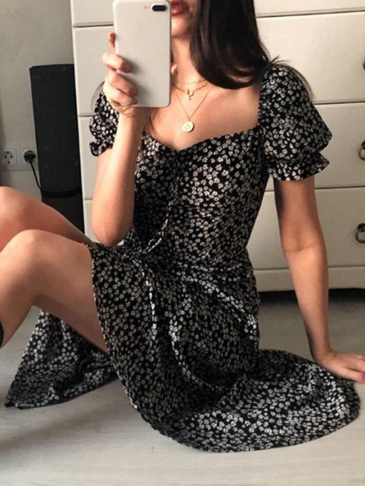 Damenkleid Kurzärmlig Blumenmuster Polyester Viereckiger Ausschnitt-5