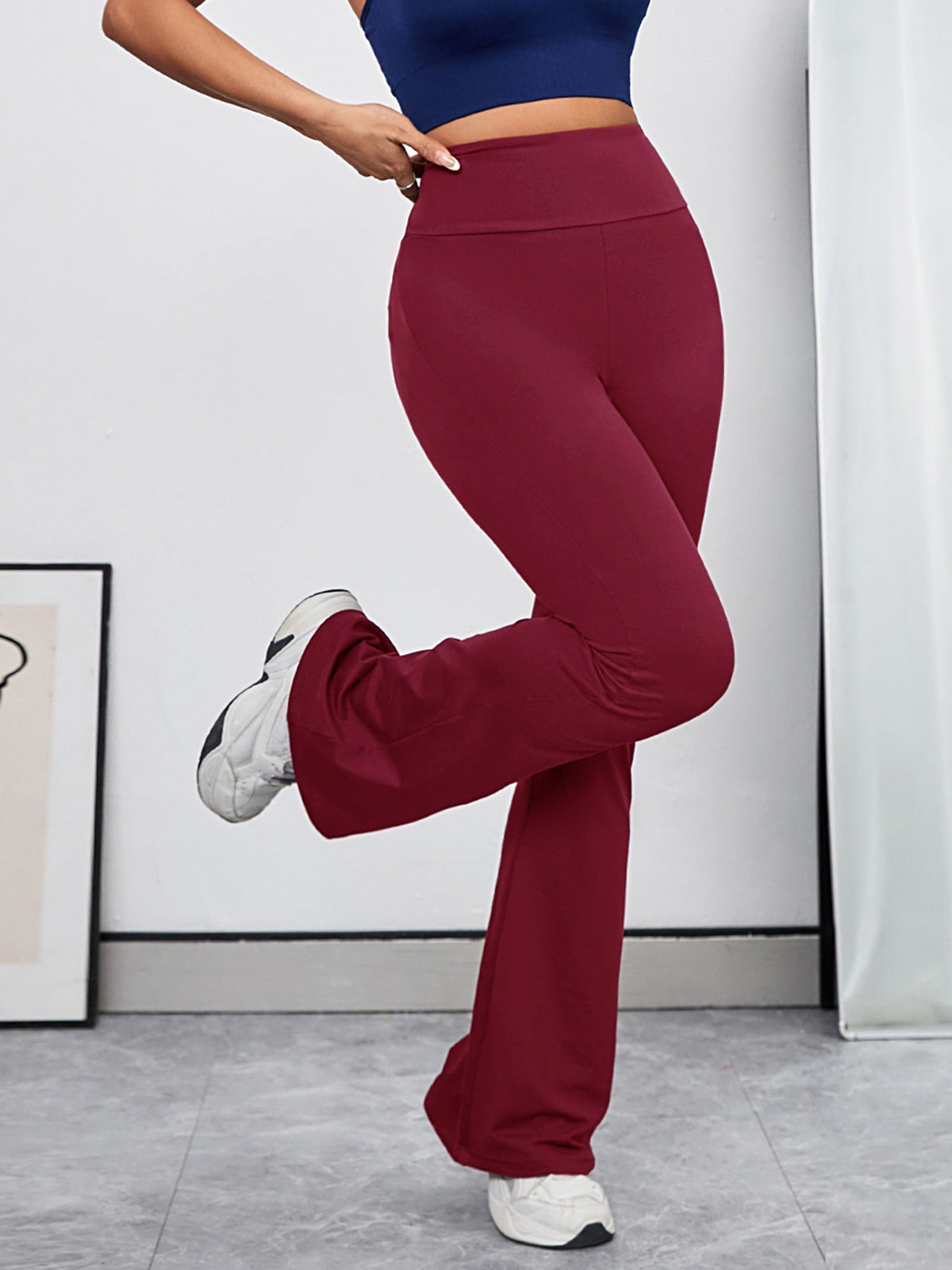 Damen-Hose, hohe Taille, ausgestellt, Stretchmaterial-3