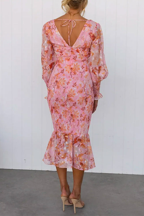 Damen-Midikleid, geblümt V-Ausschnitt, lange Ärmel, Baumwolle, und Polyester-4