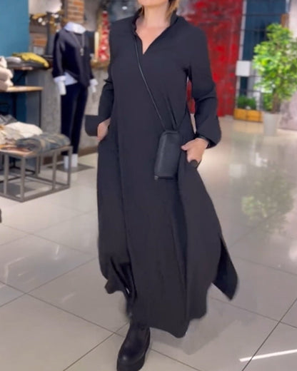 Damen-Maxikleid mit Schlitz aus 100 % Polyester, lange Ärmel, Loose Fit-1