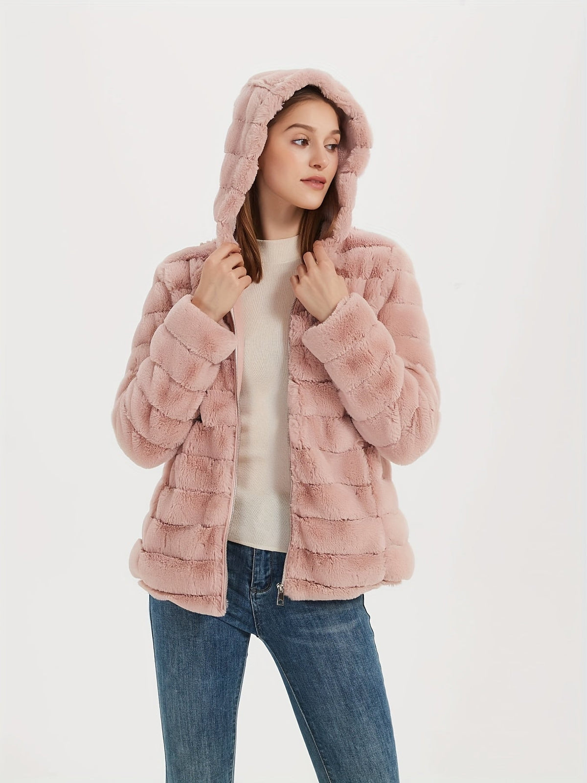 Damenjacke Teddy mit Kapuze Weicher Teddy-Stoff-1