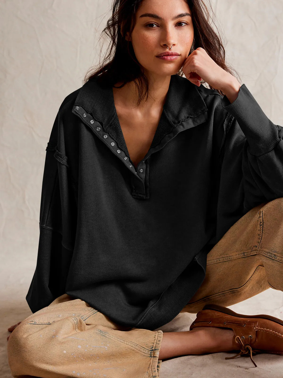 Variantenbild für Damen-Sweatshirt, dicker Pullover mit Knöpfen, 100% Baumwolle-13