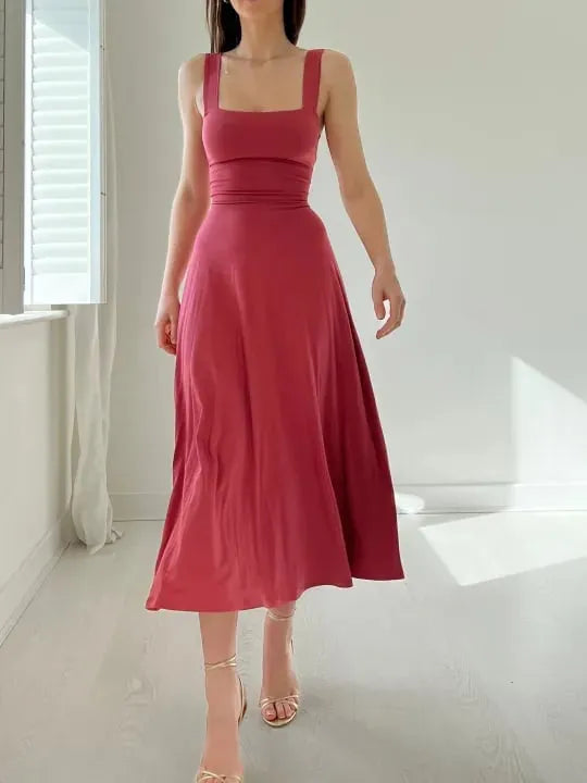 Damen-Midikleid, Eckiger Ausschnitt, Polyester, Elasthan-2