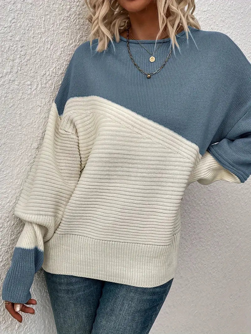 Damen-Pullover, Farbblock, runder Ausschnitt, atmungsaktives Material-3
