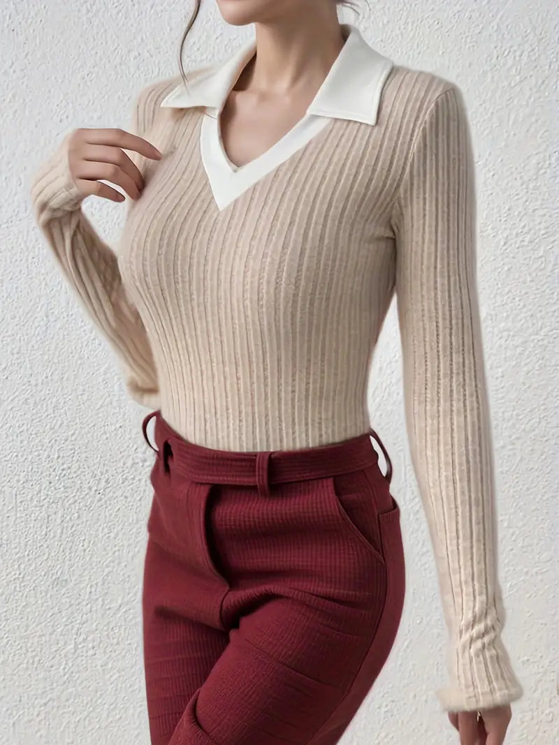 Damen-Pullover, V-Ausschnitt, lange Ärmel, weiches Material-4
