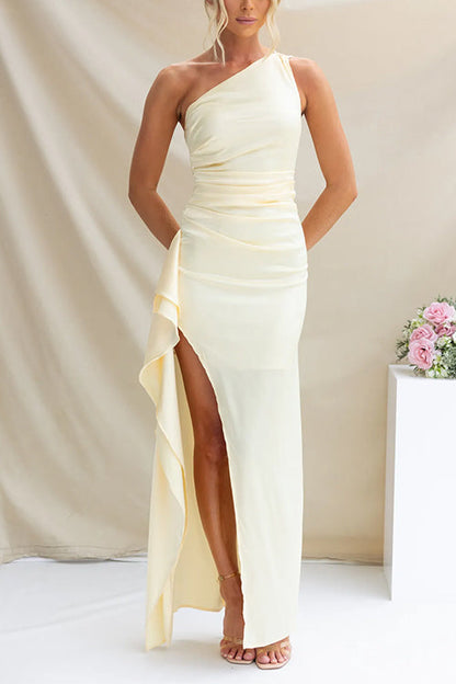 Damen-Maxikleid, Ein-Schulter-Schnitt, geraffte Baumwolle, Polyester-2