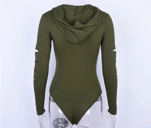 Damen-Bodysuit mit dekorativem Ausschnitt und Kapuze Baumwolle Polyester-3