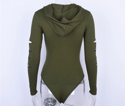 Damen-Bodysuit mit dekorativem Ausschnitt und Kapuze Baumwolle Polyester-3
