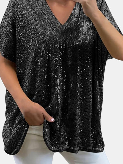 Damen-kurzärmelige Bluse, V-Ausschnitt, mit Pailletten, aus Polyester-4
