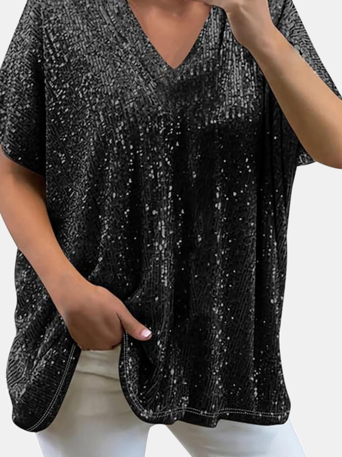 Variant image for Damen-kurzärmelige Bluse, V-Ausschnitt, mit Pailletten, aus Polyester-24