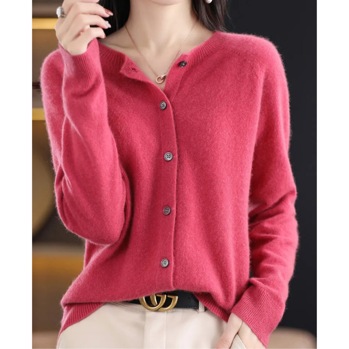 Langer Damen-Cardigan mit Rundhalsausschnitt und Knopfdetails aus 100% Acryl-1