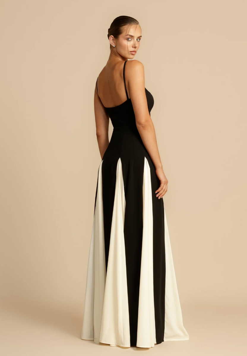 Damen-Maxikleid, zweifarbige Spaghettiträger, Riemen, Polyester, Elasthan-4
