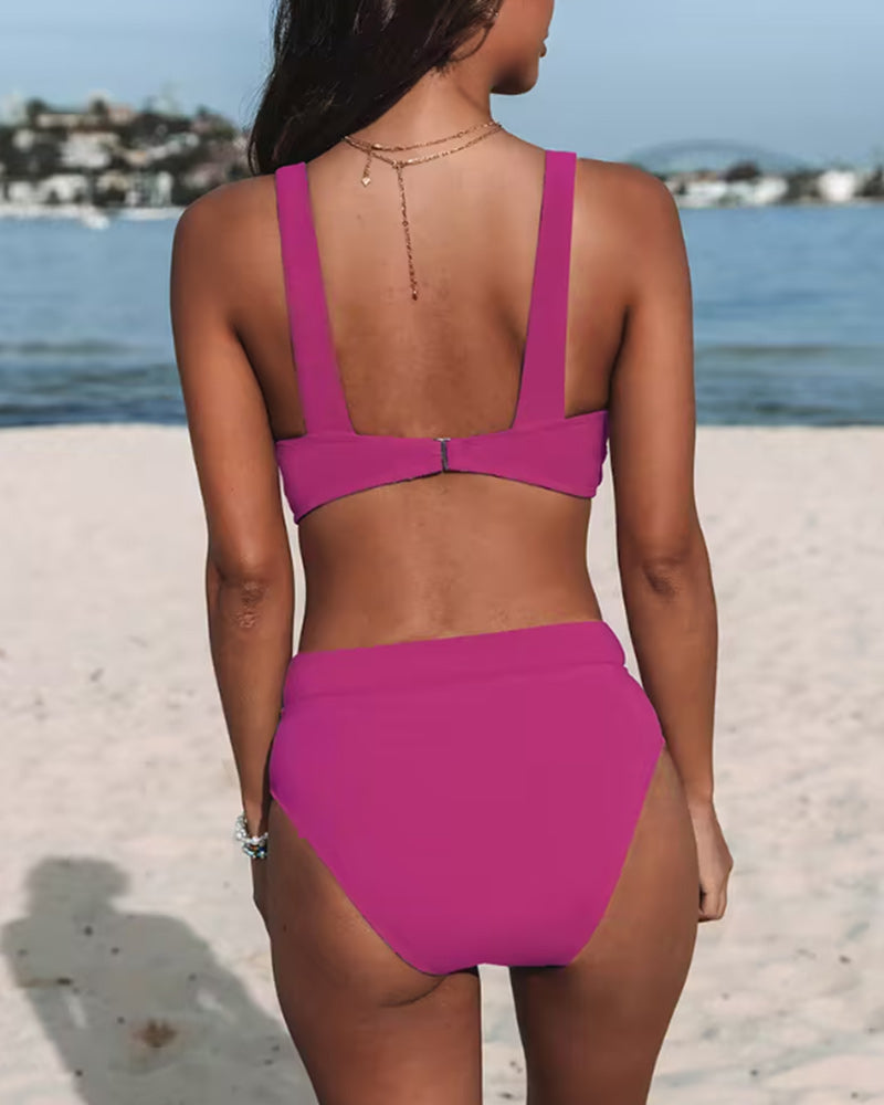 Damenbikini, hohe Taille, V-Ausschnitt, Chinlon, Elasthan-5