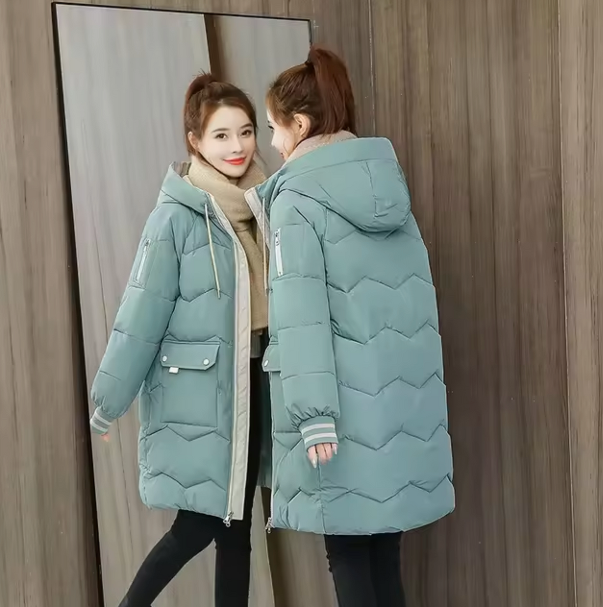 Damen-Lange Parka, Winter, Winddichte Baumwolle, mit Kapuze-4