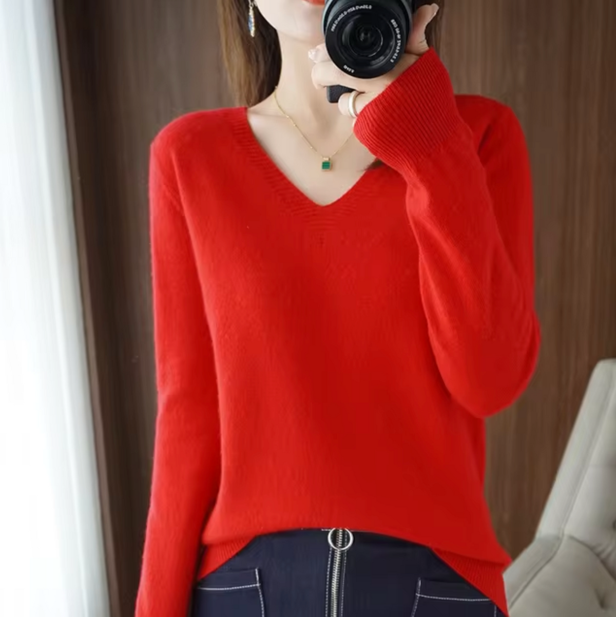 Damen-Strickpullover, V-Ausschnitt, leichtes Material, lockere Passform-4