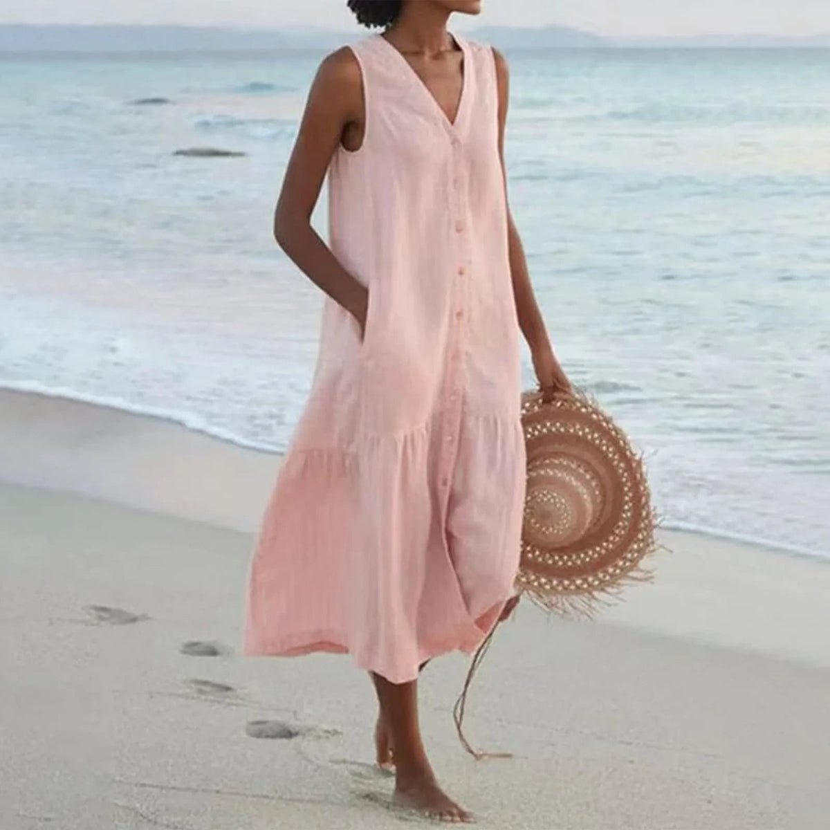 Damen-Kleid, V-Ausschnitt, leichtes Leinen, elegantes Design, knielang-2