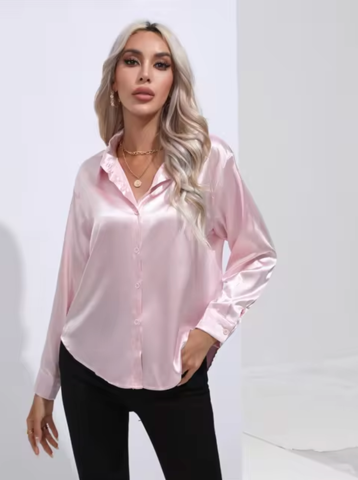 Damenbluse Langarm Satin eleganter V-Ausschnitt-4