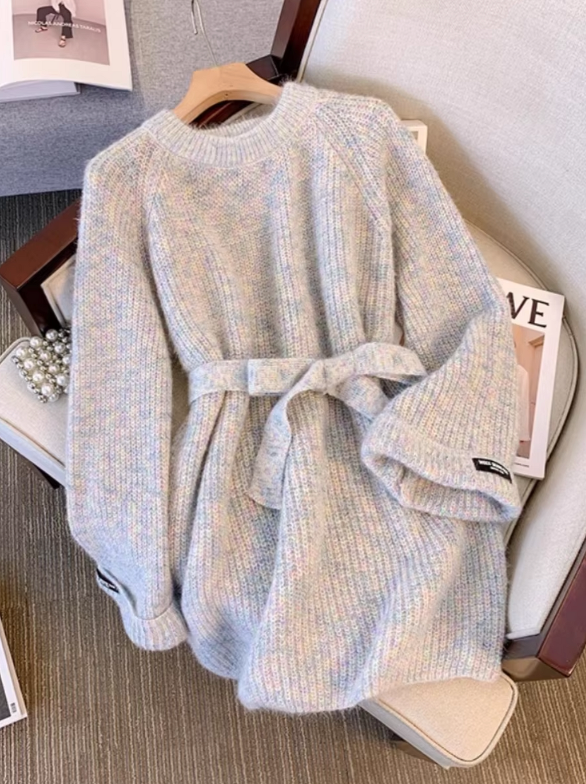 Damen-Strickpullover, Oversized, geripptes weiches Material mit Gürtel-2