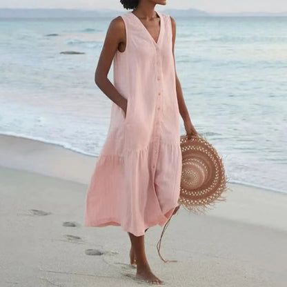 Variant image for Damen-Kleid, V-Ausschnitt, leichtes Leinen, elegantes Design, knielang-7