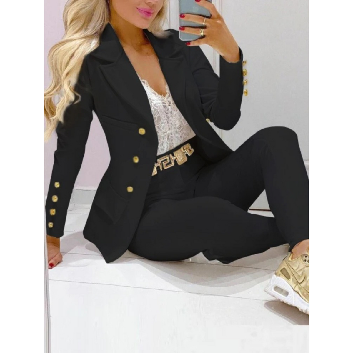 Damen Blazer mit Groß Kragen und Hose in Polyester-4