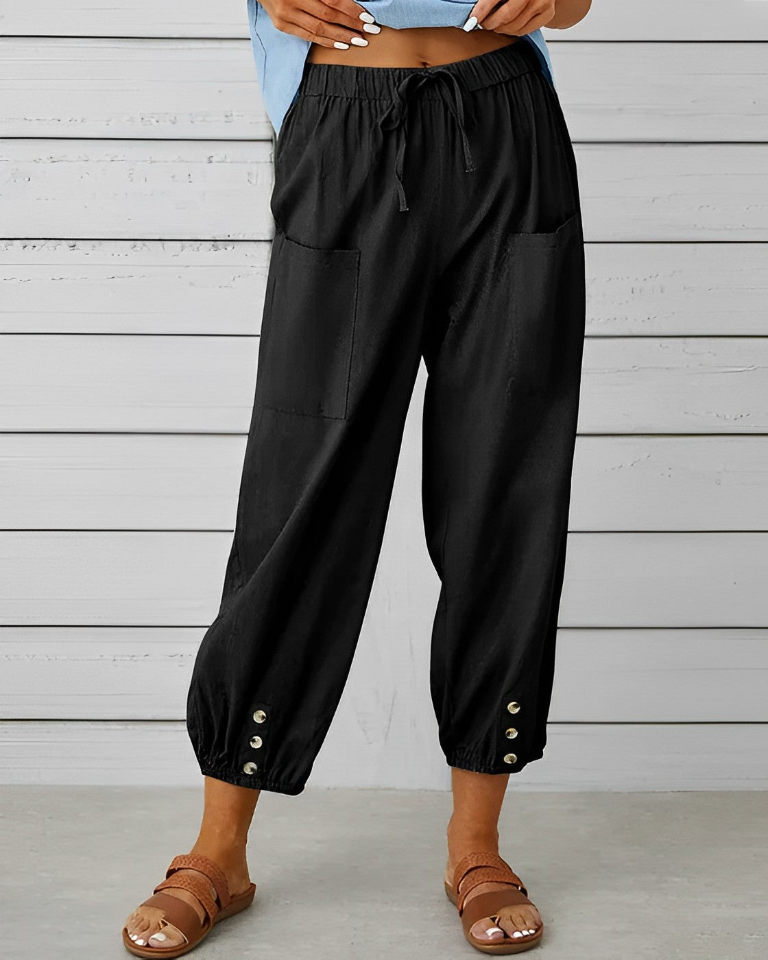 Damen-Leinenhose, 7/8-Länge, Hoche Taille, mit Taschen-5