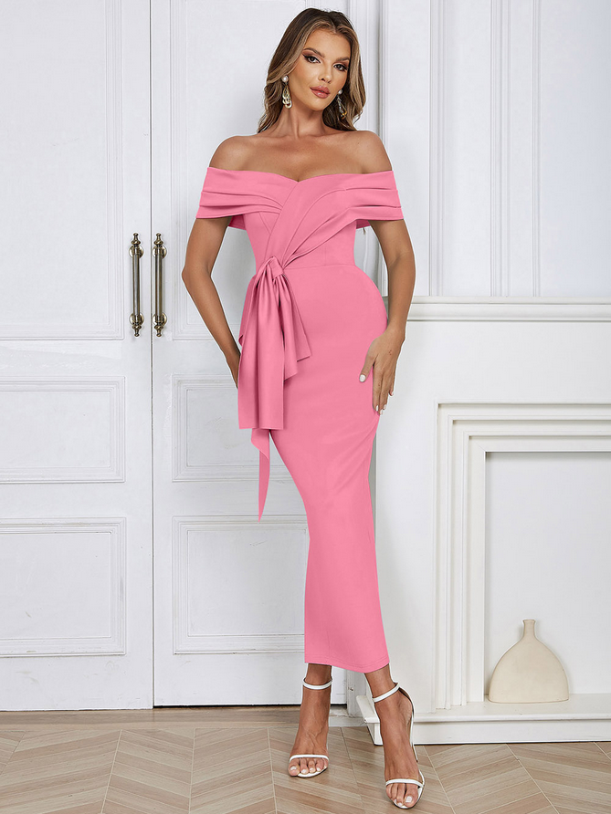 Damen-Midikleid, ohne Schulter, mit Rüschen, aus Polyester - perfekt für Hochzeit und Fest-5