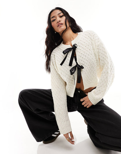 Damen-Cardigan, kurz, Bindegürtel, 100 % Acryl, Kontrastdesign-6