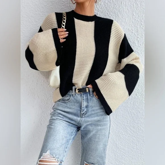 Damen-Strickpullover, Rollkragen, gestreiftes weiches Material-5